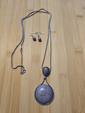 💜 Desert Pools Purple Crackle Stone Teardrop Pendant Necklace Set